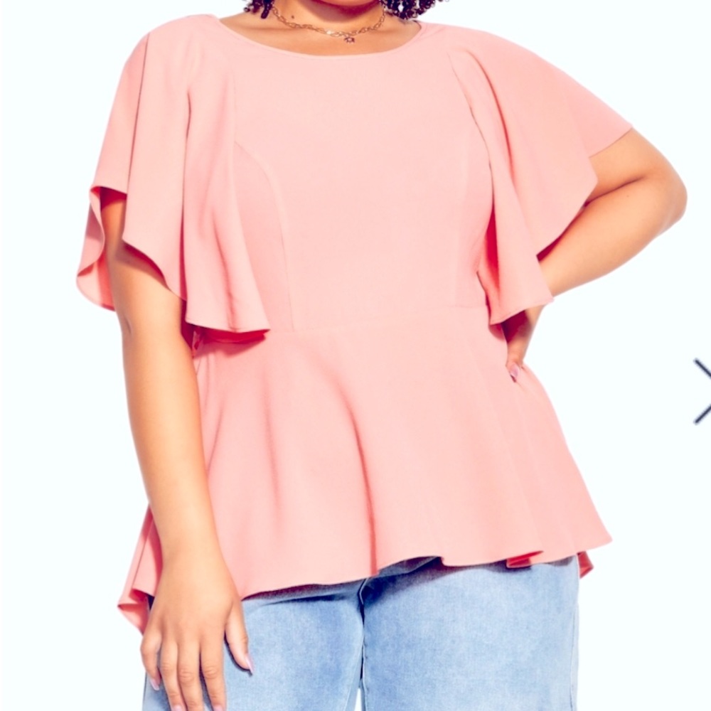 City Chic Romantic Mood Round Neck Flutter Sleeves Top In Pink plus size XXL 24